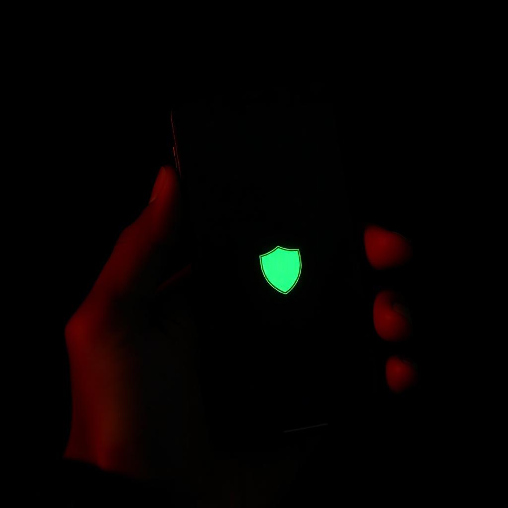 A hand holding the ShieldPhone in the dark